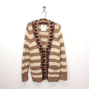 Anthro Sparrow Hopi Basket tan cream striped button front cardigan sweater M